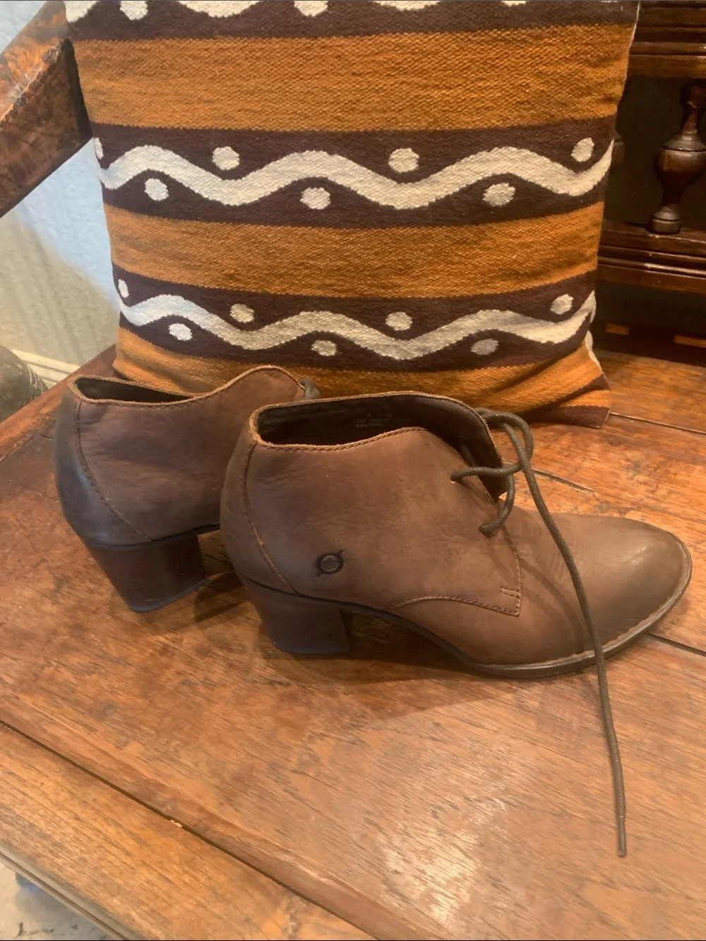 Born Brown Leather Lace-Up Ankle Booties with Block Heel, No Box